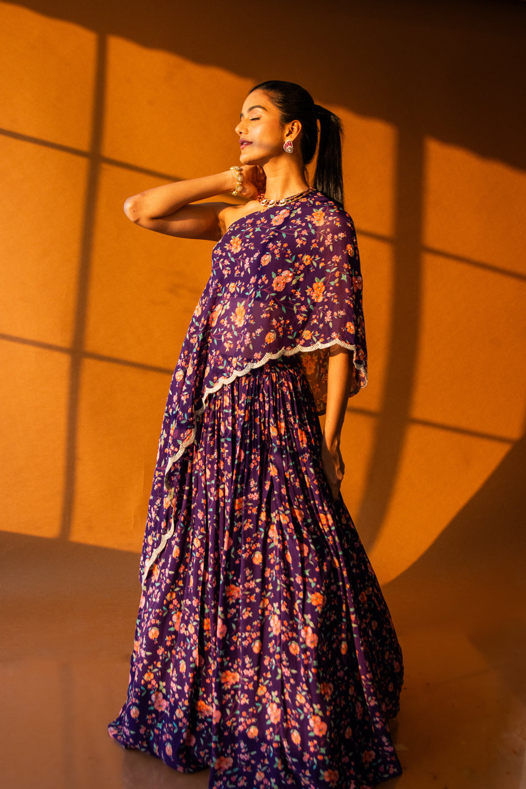 Iris Purple Printed Cape Lehenga Set