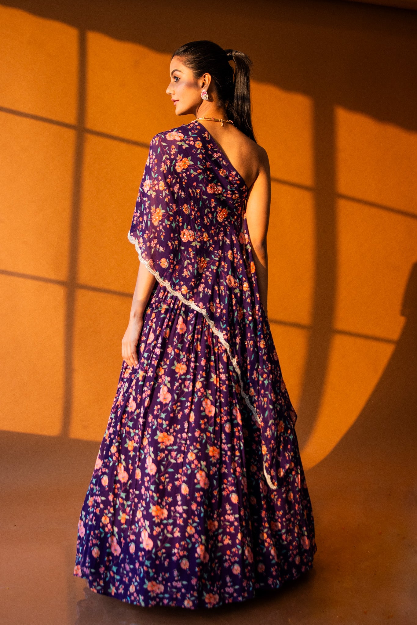 Iris Purple Printed Cape Lehenga Set