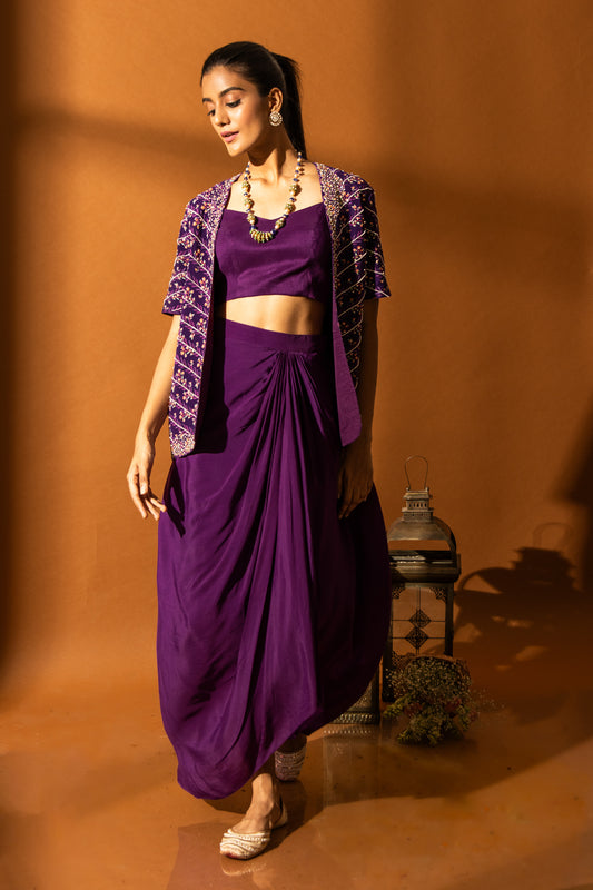 Iris Purple Draped Skirt Set With Embroidered Jacket