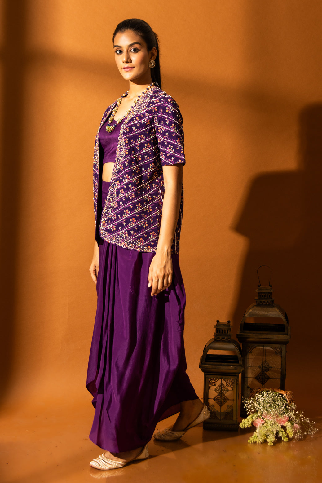 Iris Purple Draped Skirt Set With Embroidered Jacket