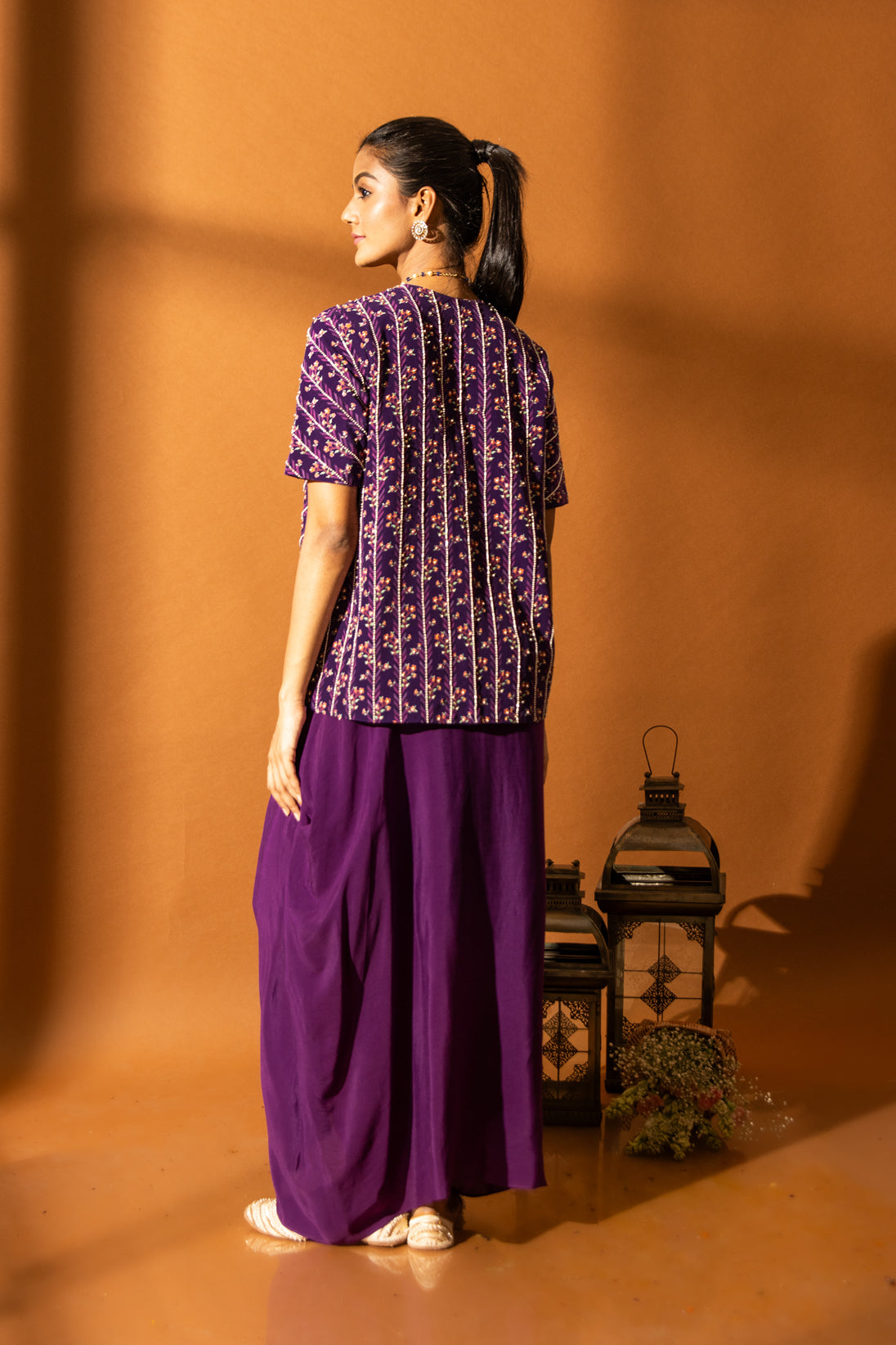 Iris Purple Draped Skirt Set With Embroidered Jacket