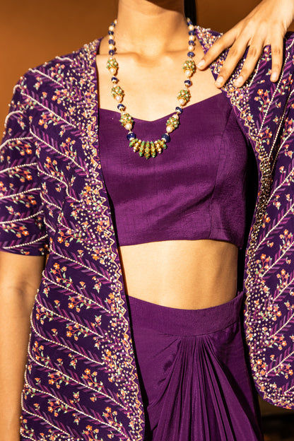 Iris Purple Draped Skirt Set With Embroidered Jacket